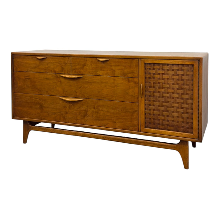 Vintage Mid Century Modern Lane Perception Walnut Lowboy Dresser Credenza with Basketweave Door.