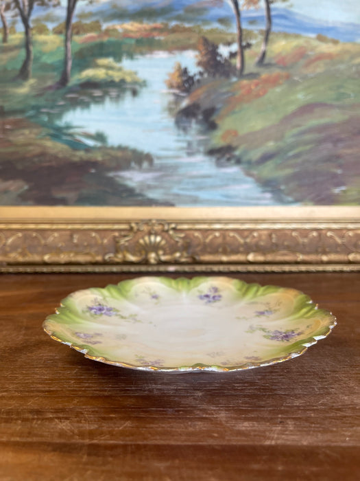 Hand-Painted Cabinet Plate with Green and Gold Toned Ombre Border and
Purple Floral Sprays