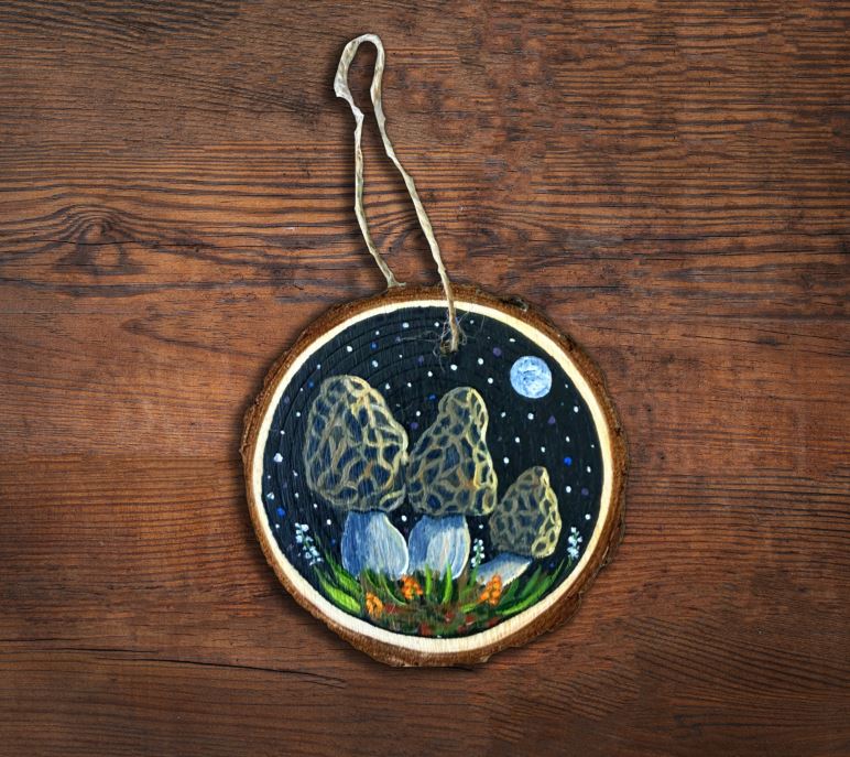 Magical Morel Mushroom Hand-Painted Wood Slice Ornament