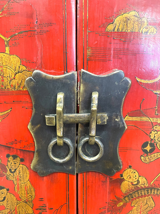 Chinese Red Cabinet with Gilt Figural and Dragon Motifs