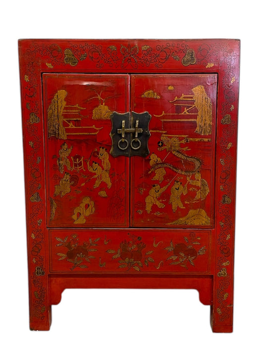 Chinese Red Cabinet with Gilt Figural and Dragon Motifs