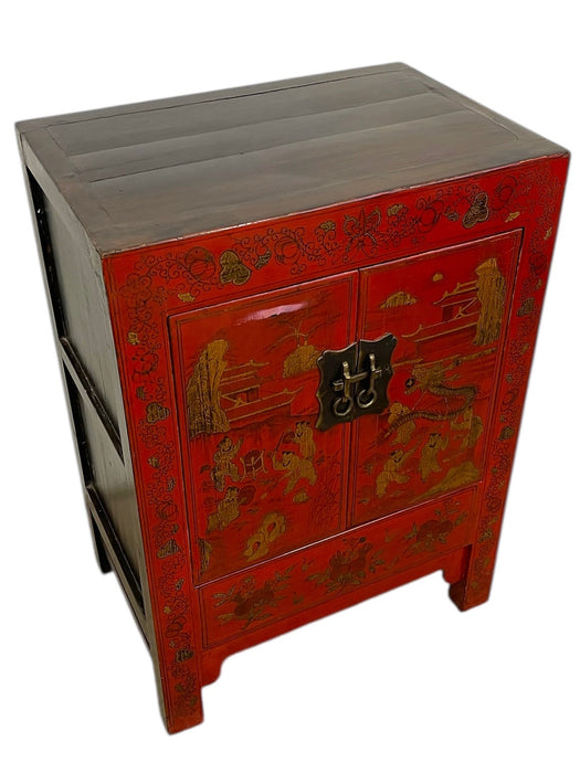 Chinese Red Cabinet with Gilt Figural and Dragon Motifs