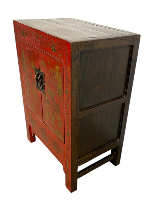 Chinese Red Cabinet with Gilt Figural and Dragon Motifs