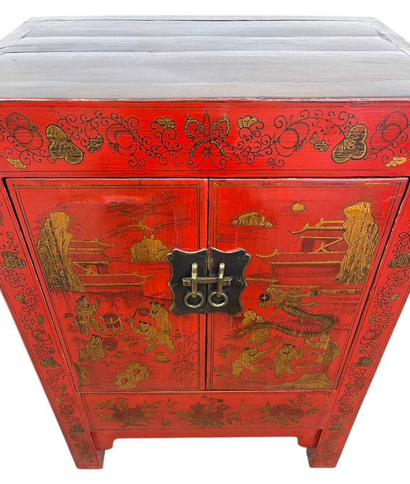 Chinese Red Cabinet with Gilt Figural and Dragon Motifs