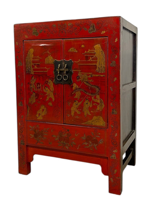 Chinese Red Cabinet with Gilt Figural and Dragon Motifs