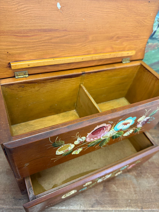 Vintage Hand-Painted Wooden Jewelry Trinket Box - Folk Art Style Floral Organizer Primitive Storage Chest