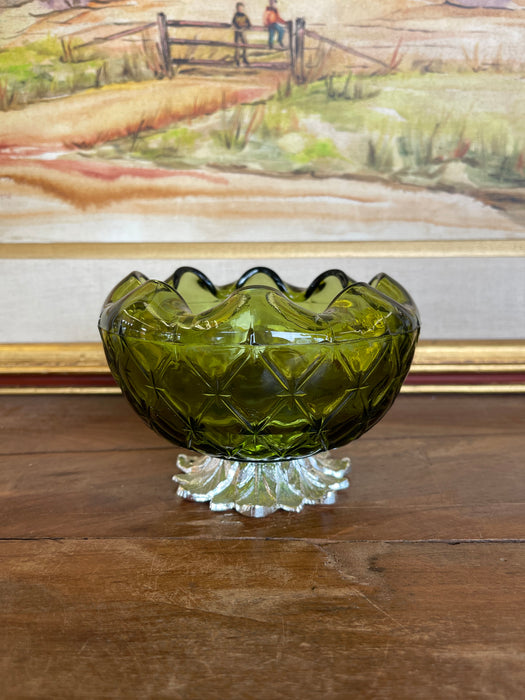 Vintage Green Pressed Glass Bowl with Scalloped Rim and Silver-Toned Floral base.