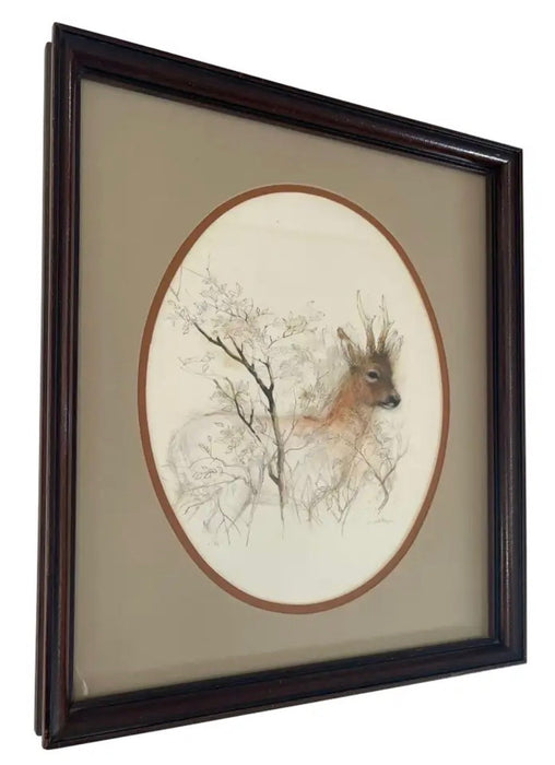 Vintage Original Wood Framed and Signed Deer and Tree Artwork.