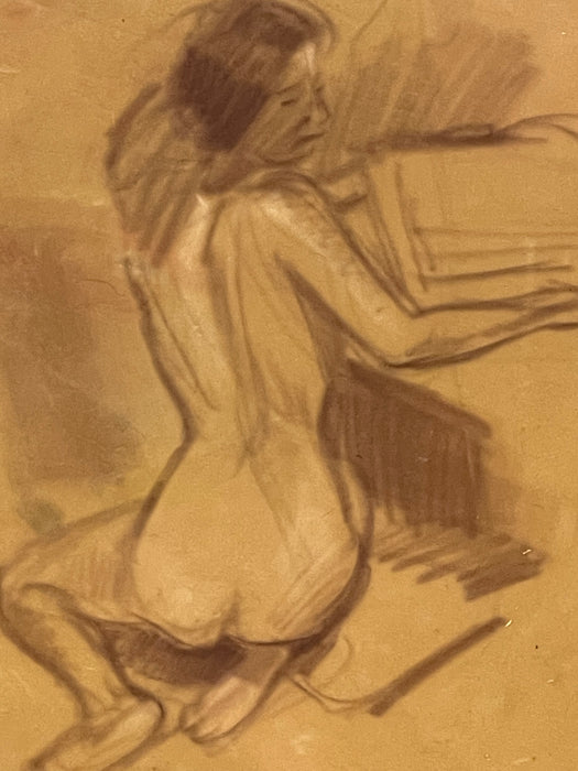 Vintage Seated Female Nude Figure Drawing on Toned Paper, Figurative Life Study