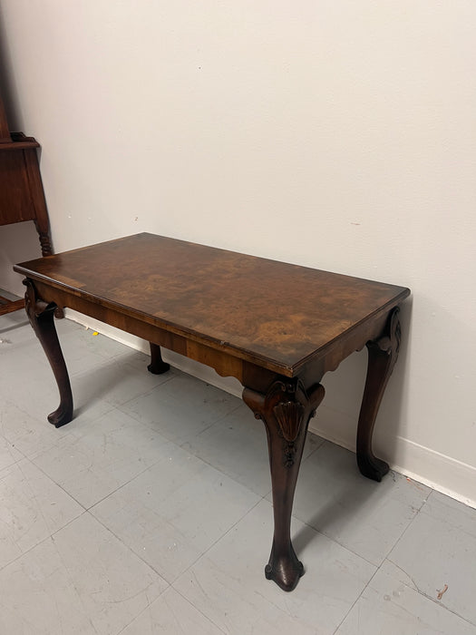 Antique Chippendale Style Solid Wood Coffee Table with Book Matched Walnut Burl Top and Carved Wood Legs. UK Import.