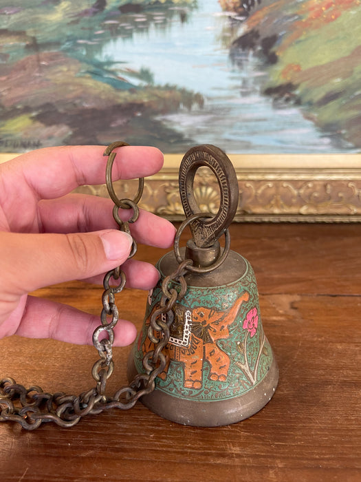 Vintage Brass Toned Hanging Bell with Hand-Painted Elephant and Floral Motifs, India