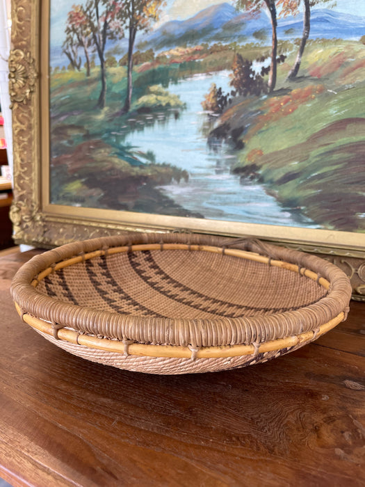 Vintage Likely Early 20th Century Native American Mission Basketry Bowl with Stepped Geometric Pattern.