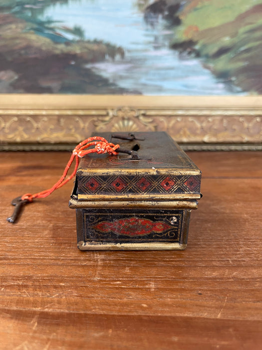 Likely Antique Toleware Painted Tin Lock Box with Key, 19th Century