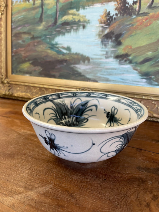 Vintage Bat Trang Vietnamese Ceramic Bowl with Hand-Painted Dragonfly Motif