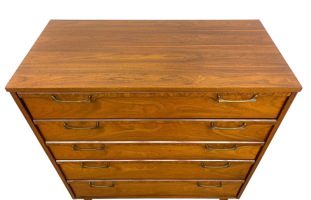 Vintage Mid Century Modern Four Drawer Dresser with Sculpted Drawer Fronts and Brass-Toned Pulls