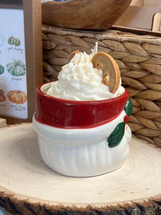 Jolly Ol' Handpainted Ceramic Santa Mug with  Festive Hand Crafted Vanilla Scented Soy Candle Representing Whipped Cream and Pretzels