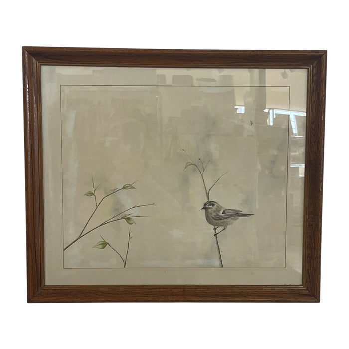 Vintage Framed Bird Illustration with Double Mat and Wood Frame Mixed Media