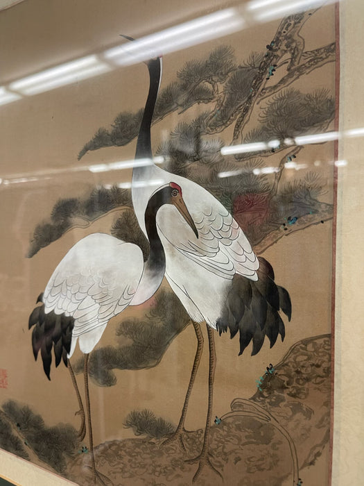 Framed Asian Crane Bird Artwork with Red Seal, Double-Matted Wood Frame, Vintage Decorative Wall Art