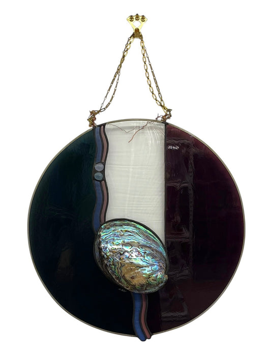 Vintage Signed Stained Glass Round Panel with Abalone Shell, Hanging Wall Art Suncatcher