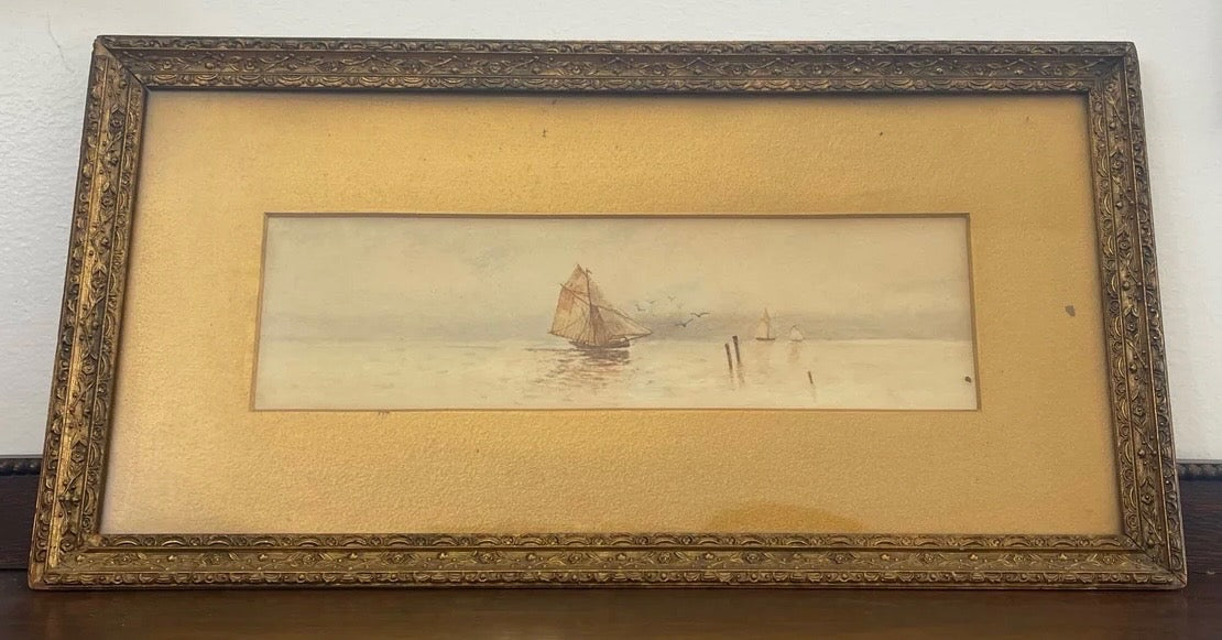 Vintage Framed and Matted Scenic Boat Artwork Print.