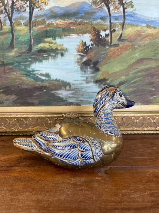 Vintage Chinese Cloisonné and Ceramic Duck Figurine with Hand-Painted Detailing