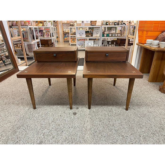 Vintage Mid Century Modern Pair of End Tables by American of Martinsville With Metal Inlay Accent.