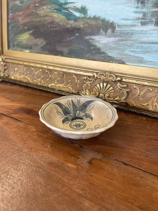 Vintage Vietnamese Ceramic Tea Bowl with Hand-Painted Dragonfly and Botanical Motif