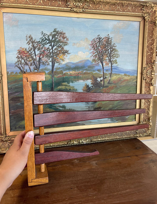 Vintage Wooden Swing-Arm Wall-Mounted Quilt or Towel Rack in Likely Oak and Mahogany.