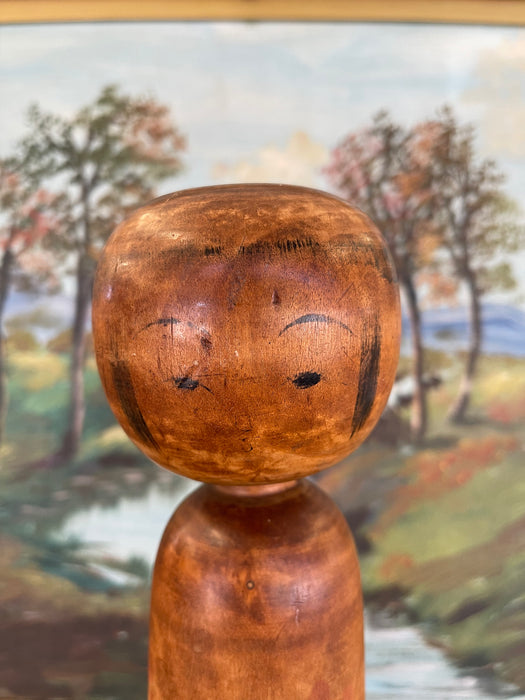 Vintage Japanese Kokeshi Doll with Hand-Painted Floral Detail and Carved Wood Base