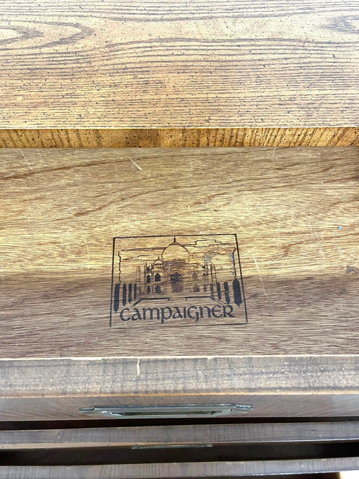 Vintage Campaign Style Five Drawer Dresser by Dixie with Brass-Toned Hardware and Dovetailed Drawers