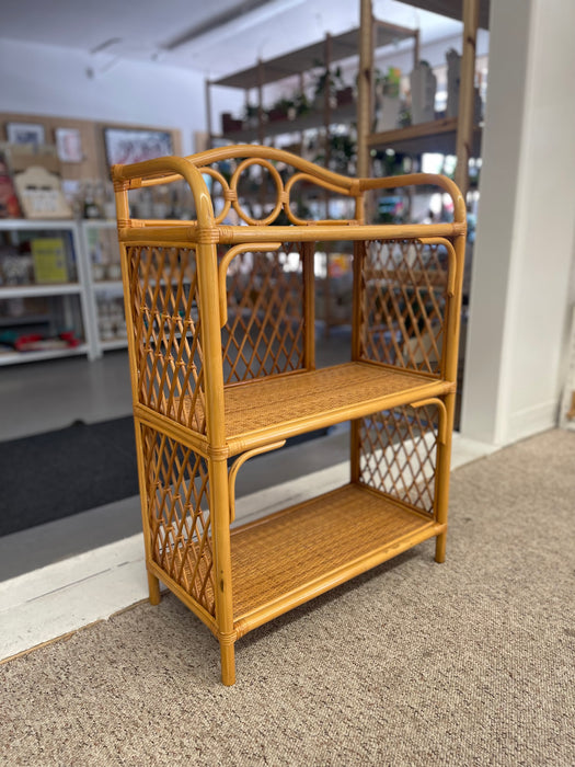 1970s Vintage Likely Rattan and Wicker Shelf with Diamond Lattice Sides and Circle Motif