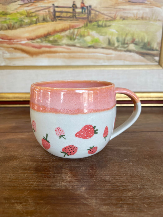 Handmade Wheel-Thrown Ceramic Strawberry Mug with Peach Glaze Interior