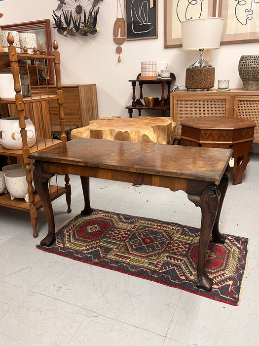 Antique Chippendale Style Solid Wood Coffee Table with Book Matched Walnut Burl Top and Carved Wood Legs. UK Import.