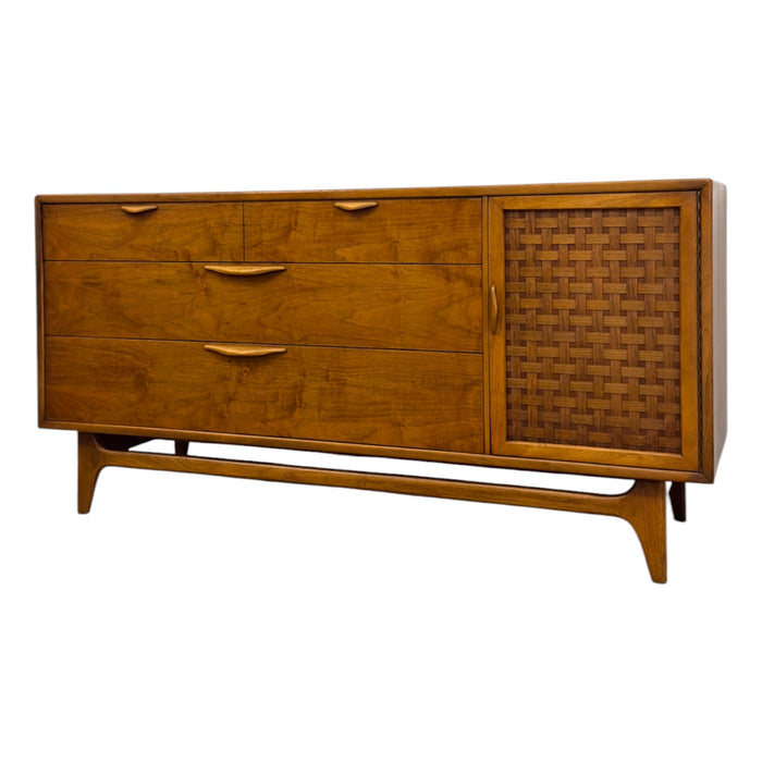 Vintage Mid Century Modern Lane Perception Walnut Lowboy Dresser Credenza with Basketweave Door.