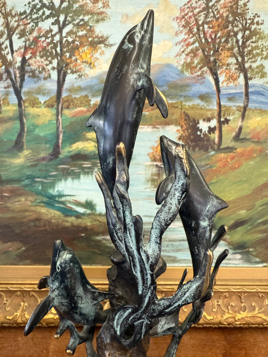 Vintage Mid Century Modern Style Bronze Toned Dolphin Sculpture on Green Marble like Base Nautical Ocean