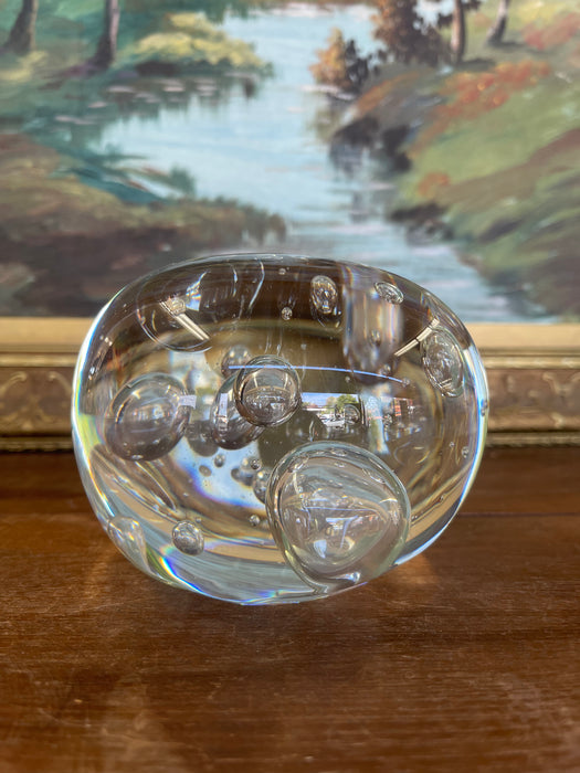 Vintage Mid-Century Modern Clear Glass Paperweight with Controlled Bubbles