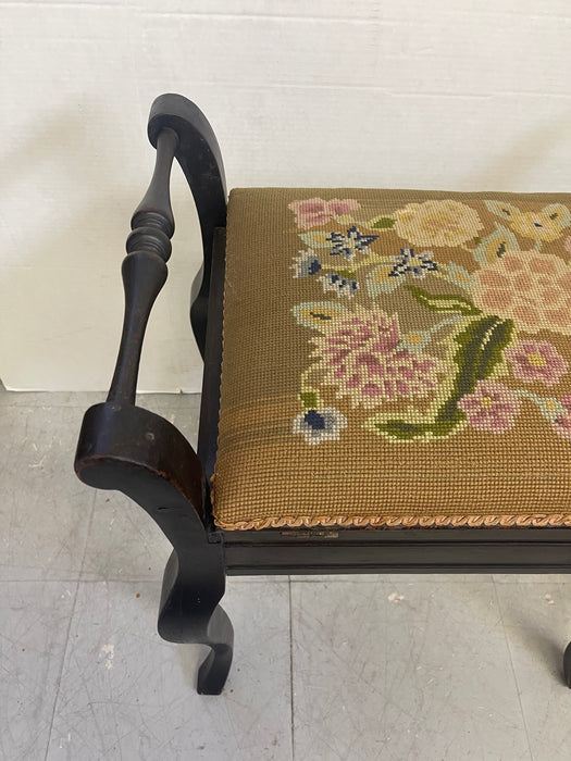 Vintage UK Imported Black Toned Wood Needlepoint Stool Upholstered Accent Bench with Storage on Cabriole Legs
