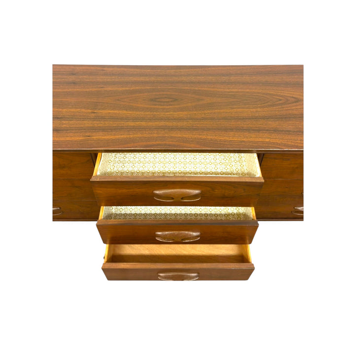 Vintage Mid Century Modern Bassett Walnut 3-Piece Bedroom Set – 9-Drawer Dresser, Highboy Chest & Nightstand
