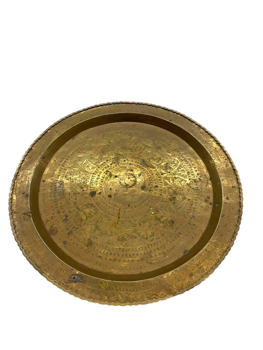 Large Decorative Engraved Brass-Toned Tray with Scalloped Edge and Figural Motifs