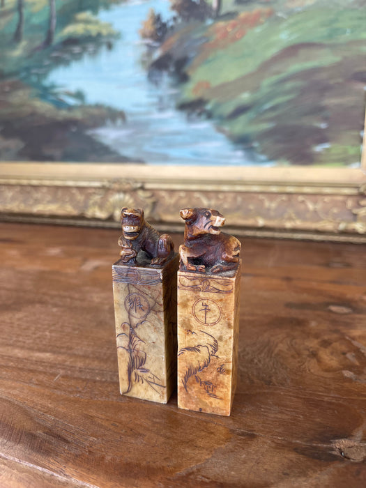 Pair of Hand-Carved Chinese Soapstone Zodiac Seals - Monkey and Ox with Landscape Engravings