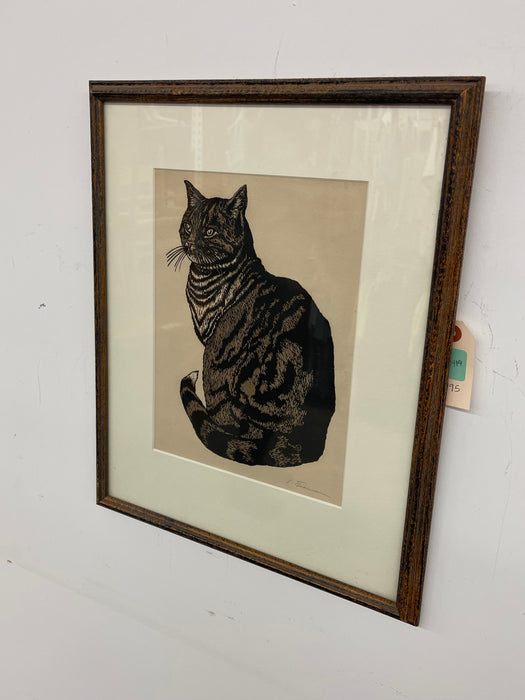 Vintage Framed Woodcut Cat Print Signed by Artist L. Thiemann