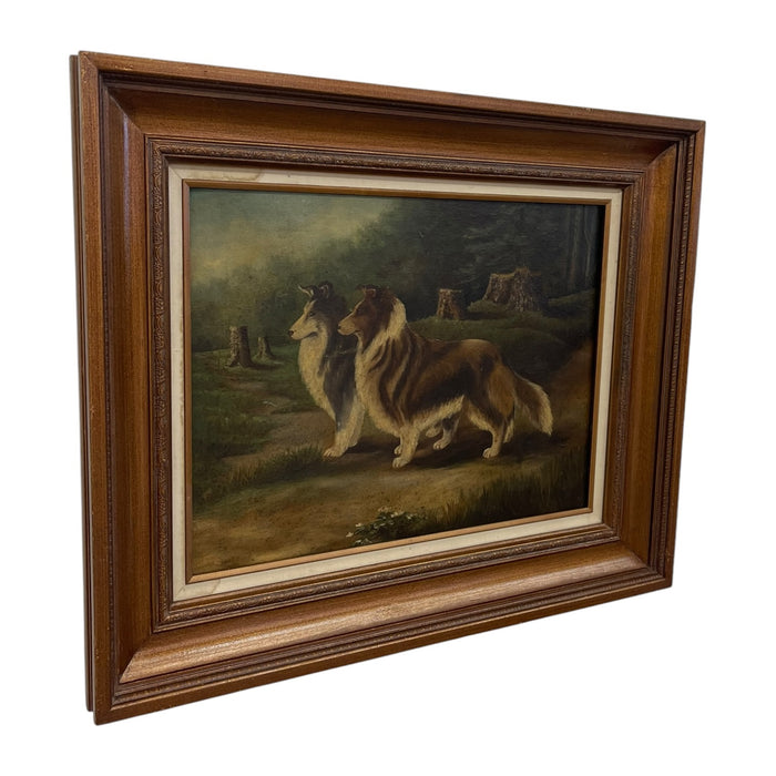 Antique Framed Oil Painting of Two Collie Dogs in Woodland Landscape, Traditional Canine Portrait Possibly 1890s
