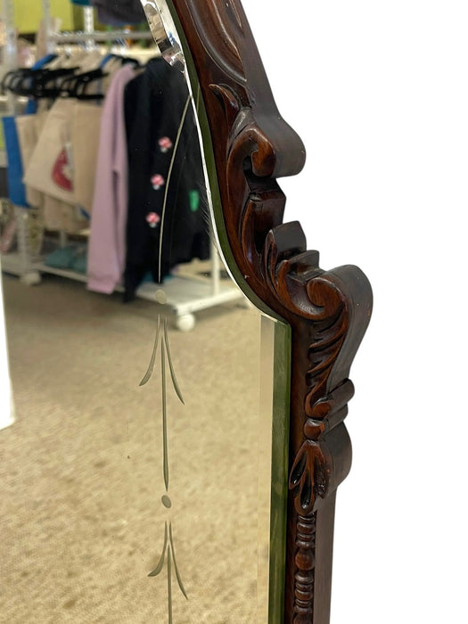 Vintage Carved Wood Arched Wall Mirror with Etched Glass Panels