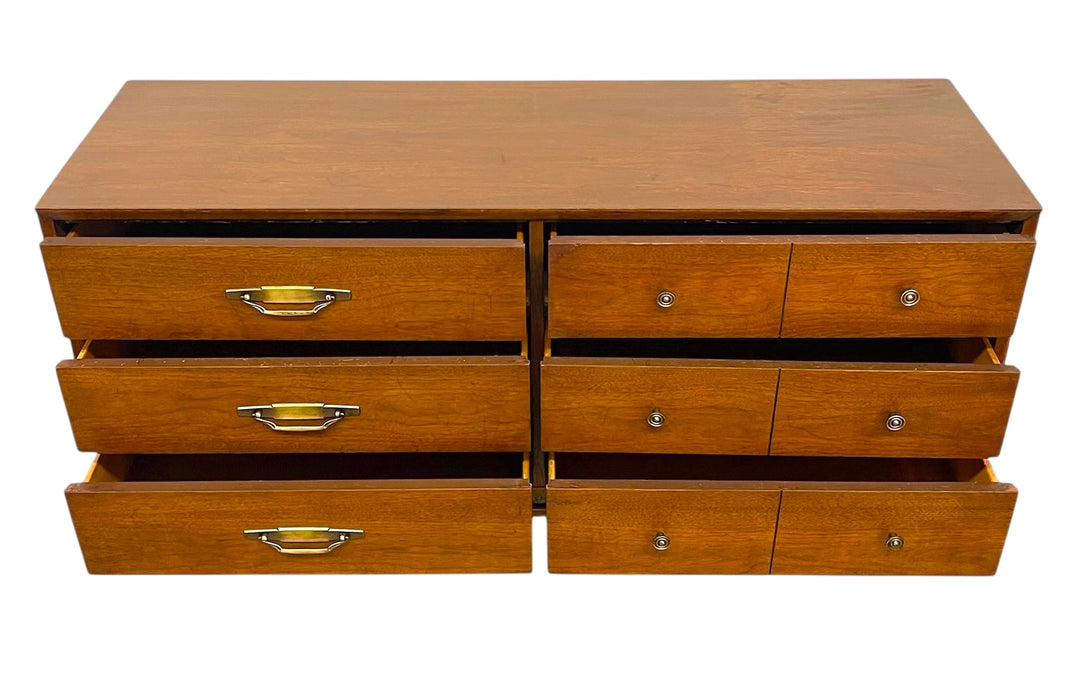Vintage Mid-Century Modern 6-Drawer Walnut Dresser with Brass Toned Hardware