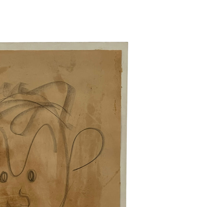 Vintage Abstract Portrait Drawing on Toned Paper by Jerry Owens, Modernist Figurative Artwork.