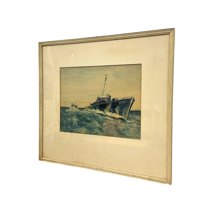 Original WWII US Navy PC-571 Submarine Chaser Gouache Painting – Vintage Framed Maritime Military Art