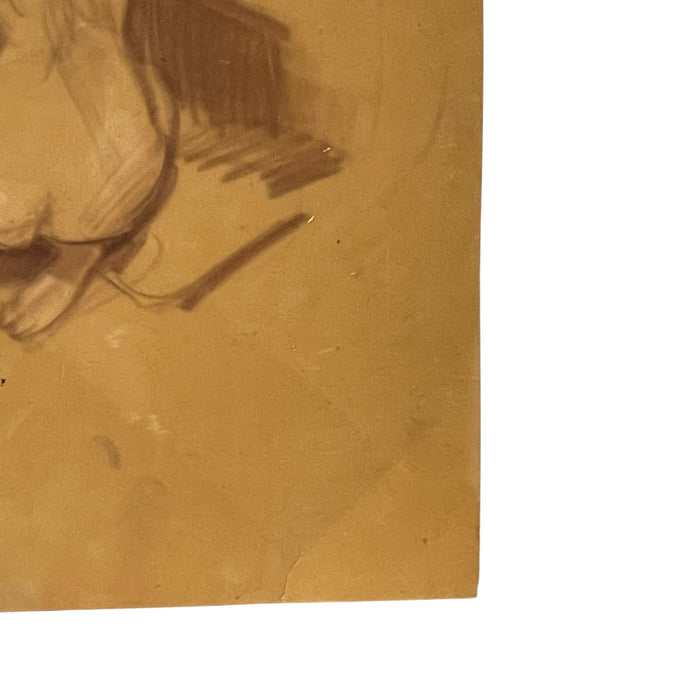 Vintage Seated Female Nude Figure Drawing on Toned Paper, Figurative Life Study