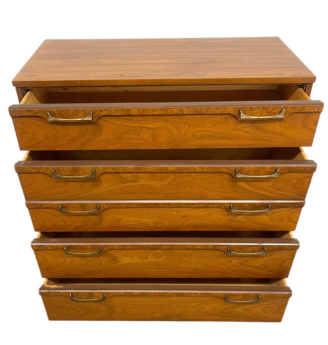Vintage Mid Century Modern Four Drawer Dresser with Sculpted Drawer Fronts and Brass-Toned Pulls