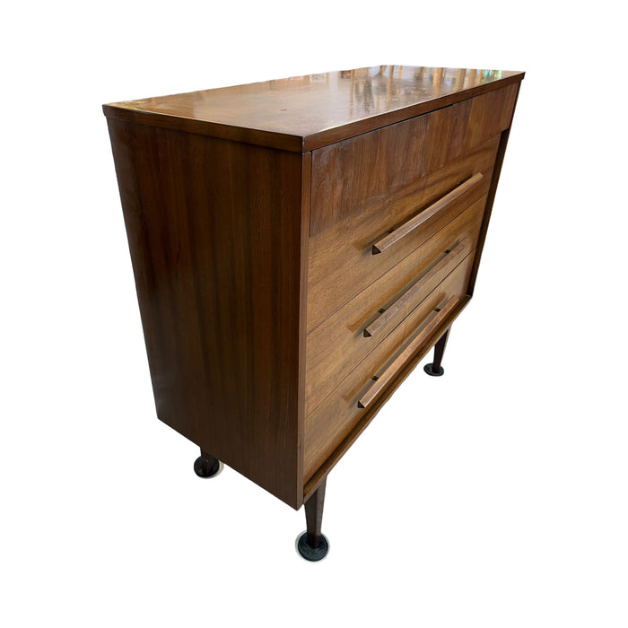 1970s Vintage Mid Century Modern Cherry Wood Tallboy Dresser and End Table Set