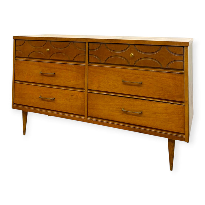 Vintage Bassett Mid Century Modern Walnut Double 6 Drawer Dresser with Carved Details.
